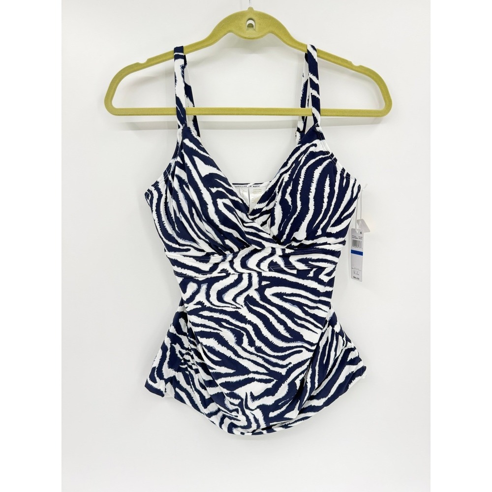 Anne Cole Zebra Print Tankini Top Navy White Underwire Swim 34DD 36D